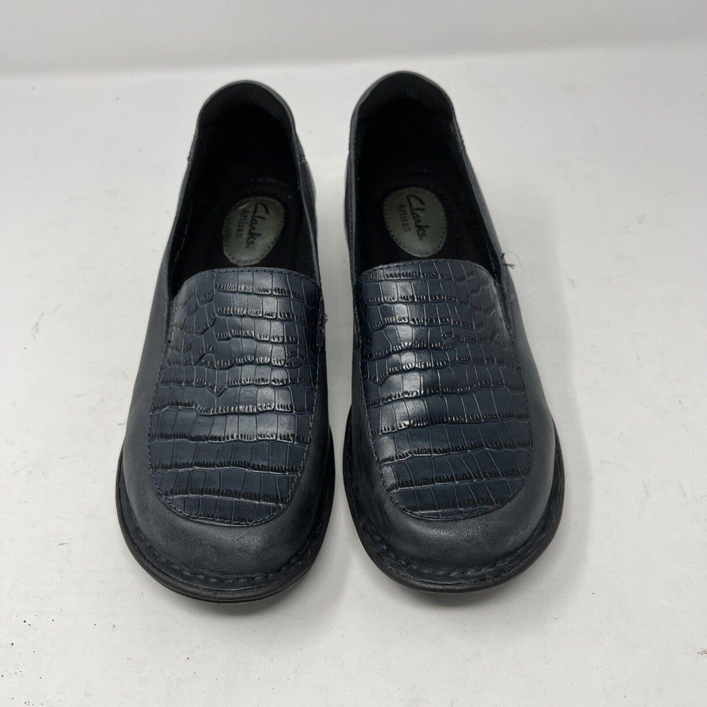 CLARKS ARTISAN 62412 Blue Leather Faux Croc Loafer Heel Shoes Size 7W